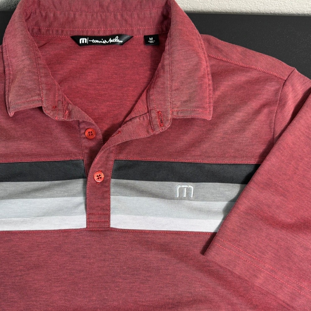 Travis Mathew Mens Polo Shirt Medium Maroon Red Striped Pima Cotton Short Sleeve